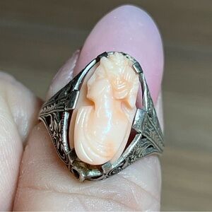 Vintage filigree cameo art deco style sterling silver ring